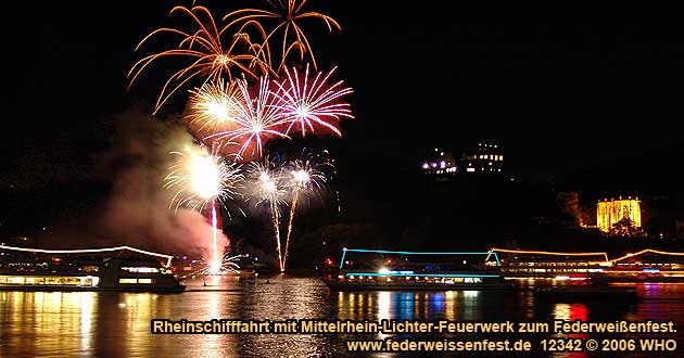 Firework display round boat trip Rhine River Lights, Golden wine autumn and Swimming Federweisser vintage festival on the Middle Rhine River in Germany